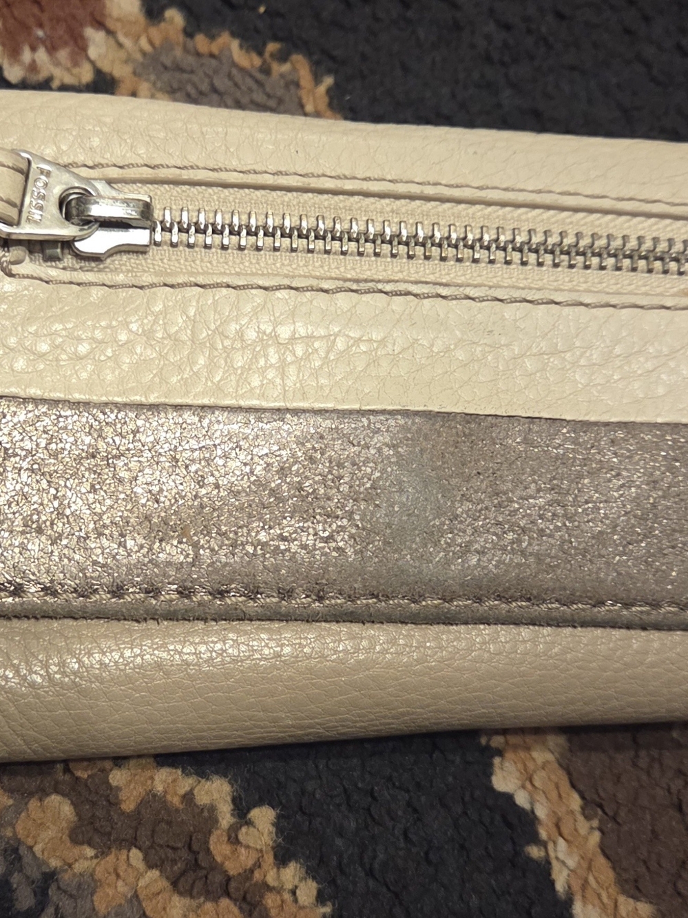 Fossil Cream Leather Wristlet with Metallic Taupe Accent